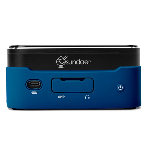 front view of dark blue and black computer with SundaePC logo